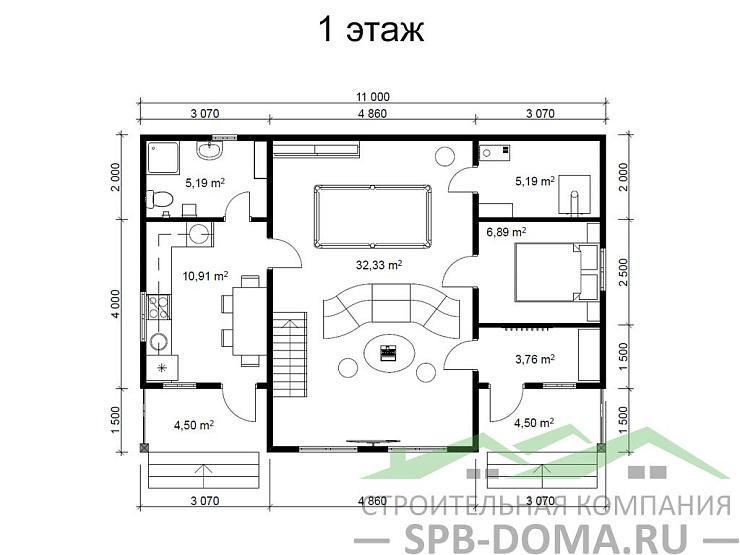 Каркасный дом 7,5х11 м «Пески»