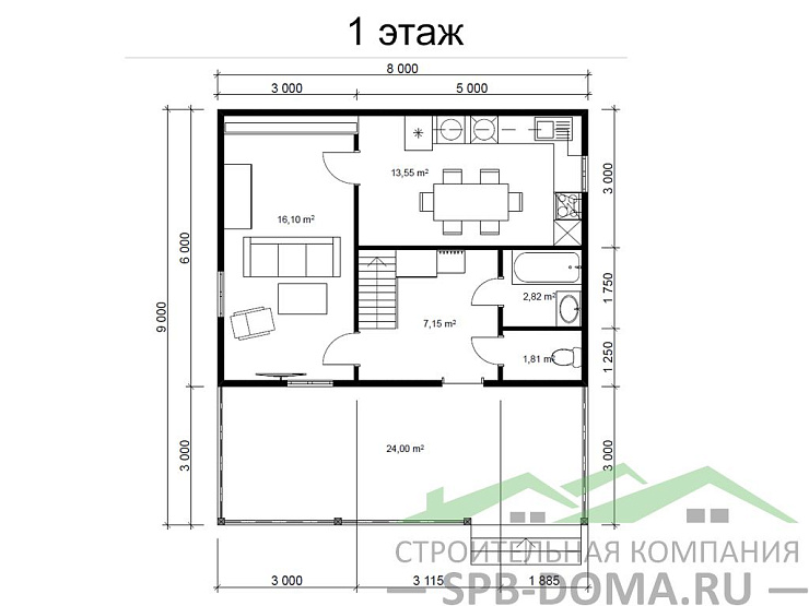 Каркасный дом 8х9 м «Дунай»