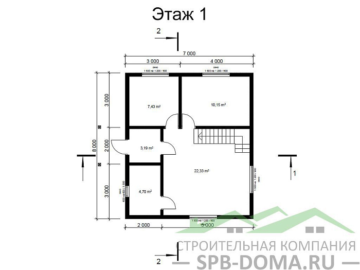 Проект дома из профилированного бруса 7,0 х 8,0 м «Коробицино»