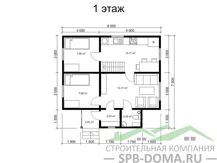 Каркасный дом 7,5х8 м «Юкки»